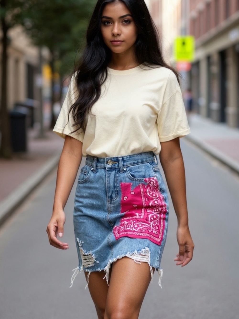 High-Rise Distressed Denim Mini Skirt with Pink Bandana Patch
